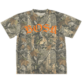 The BOSK Camo Tee is a heavyweight, short-sleeve cotton t-shirt with a green, brown, and beige Tree Camo pattern and bold orange gothic "BOSK" lettering across the chest.